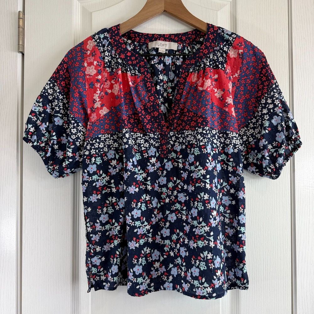 LOFT Women's Puff Sleeve Top Red White Blue Floral 100% Cotton Size XS